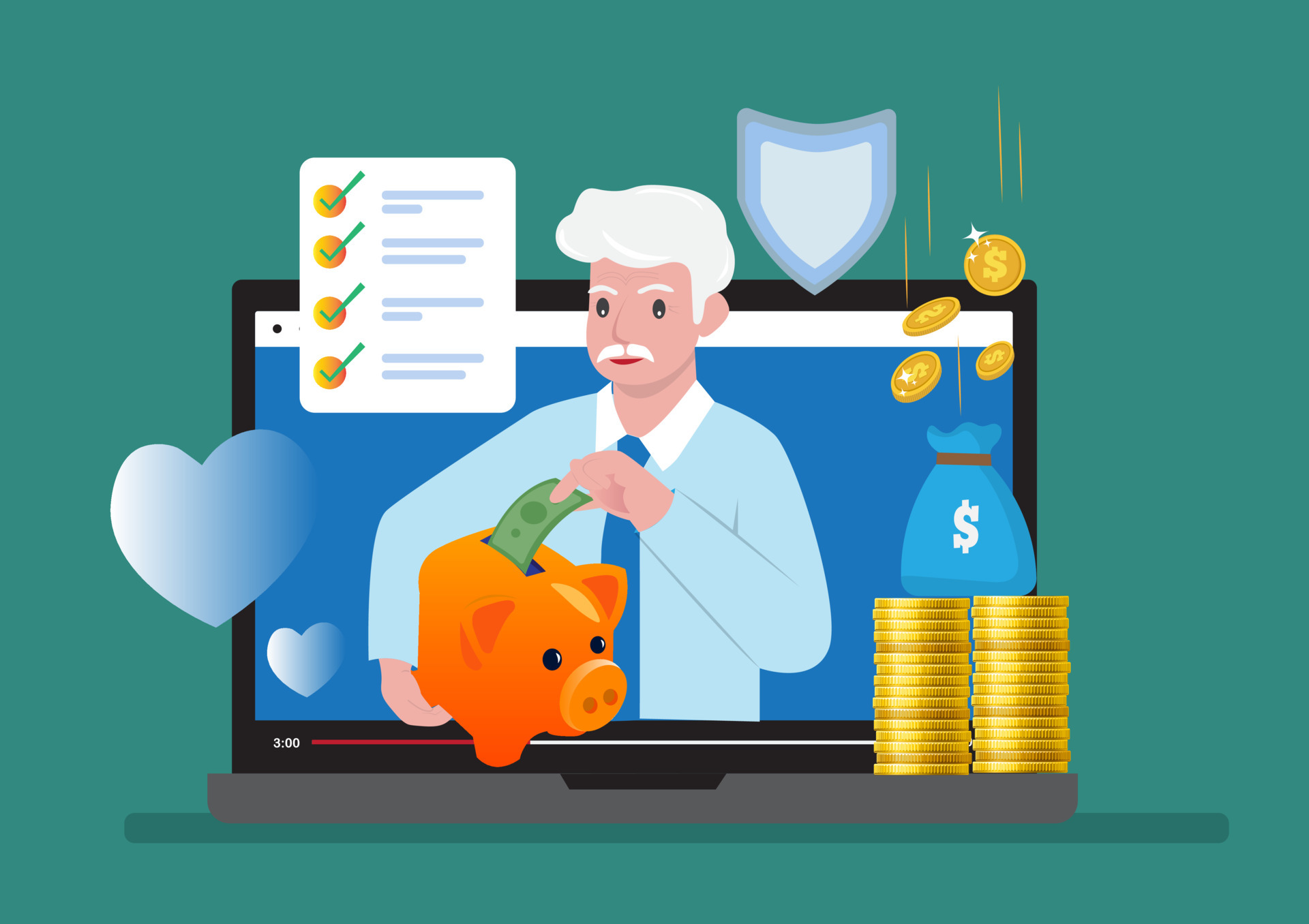 happy retirement with a large gold piggy bank retirement savings and investments pension plan free vector